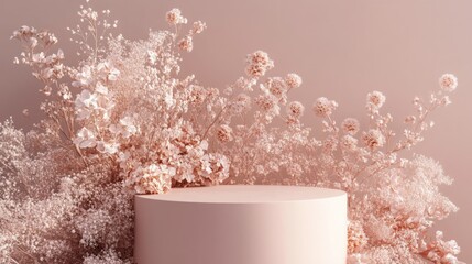 Poster - A pink pedestal, cylindrical in shape, sits in front of a backdrop of pink flowers. The flowers are mostly small and delicate, and they appear to be arranged in a casual, natural style.