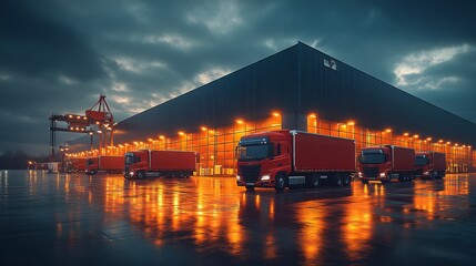 Poster - A group of red trucks is parked outside a large warehouse that glows with orange lights amid a cloudy evening sky. The wet pavement reflects the scene, enhancing the atmosphere.
