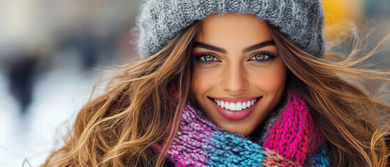 With her radiant smile, a casual girl captures the essence of winter. Dressed warmly in a knit hat and a vibrant scarf, she enjoys a moment in the bustling city during a cold day