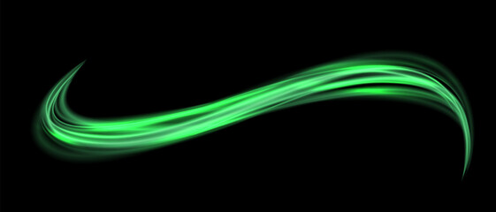 Poster - abstract green speed light lines neon glowing curve wave movement on black background vector