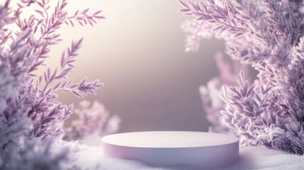 Poster - Delicate frosted plants frame a smooth circular platform in this winter-themed setting, suggesting an elegant showcase. The soft lighting enhances the tranquil atmosphere, evoking a sense of calm.