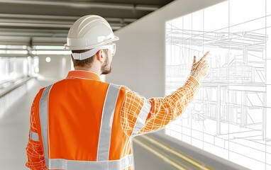 Construction worker analyzing architectural plans on a digital screen, showcasing modern project management.