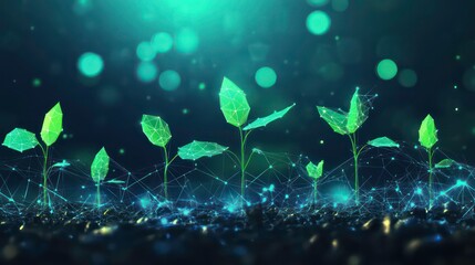 Poster - A row of digital green plants grow from the ground with glowing connected lines.
