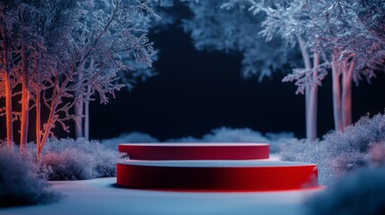Aufkleber - The scene captures two striking red circular platforms set against a backdrop of frosty trees and soft snow. The ambient lighting creates an enchanting atmosphere, hinting at twilight's approach.