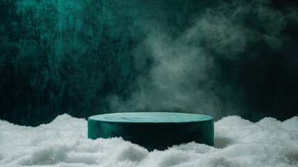 Aufkleber - A round, green platform sits in the middle of a snow-covered surface. The platform is surrounded by white snow. The background is a dark green wall with wisps of white smoke rising from the bottom.