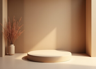 Aufkleber - Beige round podium in stylish room for luxury product display with abstract design elements and brown accents.