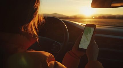 Sticker - A traveler navigates with a smartphone map inside a car during sunset, capturing the intersection of technology and travel  -