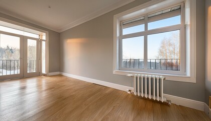 a vacant room featuring a radiator in the corner lacking any decor on the walls or floor