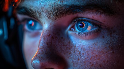 Aufkleber - a young gamer intensely concentrates on the screen, with blue lighting reflecting off his bright eye