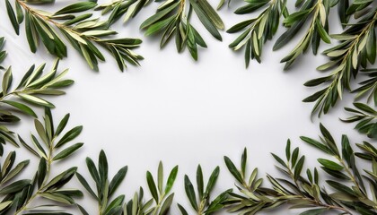 an overhead photo of a frame of olive tree branches with a place for text shot from above on a white background with copyspace