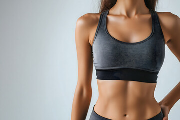 Athletic woman in grey sports bra showing toned abs and fit body against light background, sportswear photography