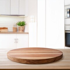 empty beautiful round wood tabletop counter on interior in clean and bright kitchen background ready for display banner for product montage ai