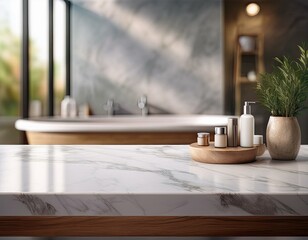 empty marble top table with blurred bathroom interior background for product display ai