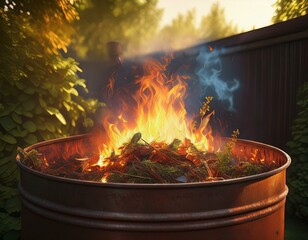 flames emerging from smoldering garden debris in a rusty metal barrel