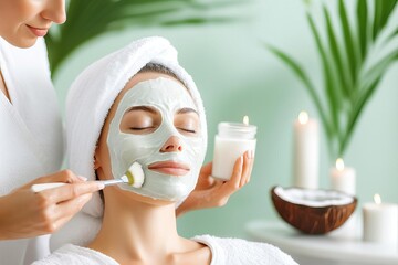 Face mask made with coconut oil and natural ingredients, applied in a spa setting, coconut oil face care, organic facial treatment