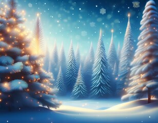 frosty pine trees in a sparkling winter forest christmas landscape banner design