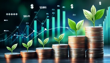 investing in sustainable growth is represented by coins with plant sprouts symbolizing eco friendly financial opportunities background features data graphs emphasizing impact investment