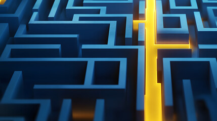 A labyrinth maze with a glowing yellow path on a blue background suggesting a concept of problem solving. 3D Rendering