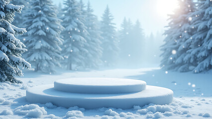 Poster - Cold winter snow creates a striking ice background on a podium used as a product display platform outdoors.