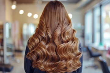 Beautiful long hair with soft waves, showcasing glossy texture and vibrant color in a modern salon setting.