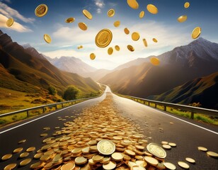 open road leading to freedom with gold coins flying symbolizing prosperity and opportunity scenic backdrop of mountains enhances feeling of adventure and wealth