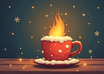 Poster - Cozy flat vector illustration of glowing mug with snowflake and ample copy space in smart business tone.