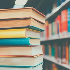 A stack of colorful books in a library setting.