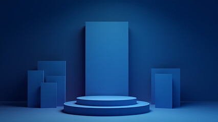 Aufkleber - Dark blue background showcases minimalist stage with geometric 3D shapes and empty showcase for cosmetic products.