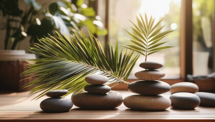 serene wellness center scene featuring potted palm plant alongside balanced stack of smooth stones symbolizing vitality and tranquility