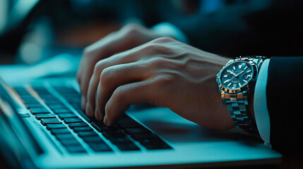 Close-up of male hands with stylish watch working on laptop in blue office generated by AI