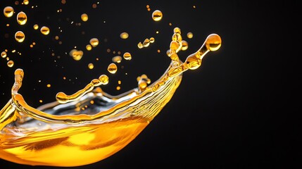 Splash of virgin olive oil in mid-air, golden hues, isolated on black background, dynamic and artistic food concept