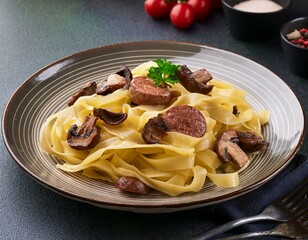 tagliatelle with wild mushrooms and sausage on a plate