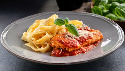 tasty homemade chicken parmesan served with fettuccine and marinara sauce