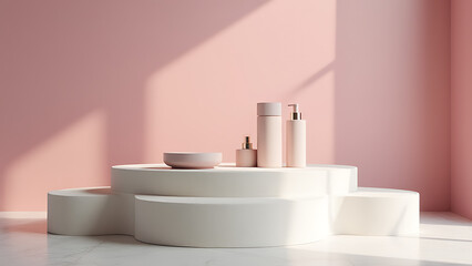 Aufkleber - Elegant stone podium perfect for showcasing product display in stylish interiors and modern settings with white and pink accents.