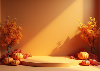 Poster - Empty stage display features autumn decor on brown background in minimalist 3D rendering for shopping or advertising design purposes only.