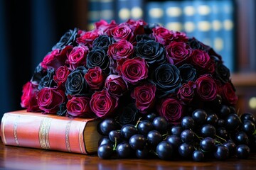 A gothic arrangement of Wineberry fruit and black roses, displayed in a dark room