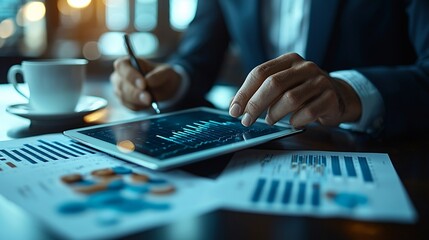 Poster - Businessman Analyzing Financial Data on Tablet and Charts