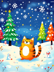 Wall Mural - christmas card with cat