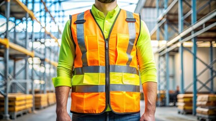 Warehouse worker wearing high visibility reflective safety vest standing in a large industrial warehouse