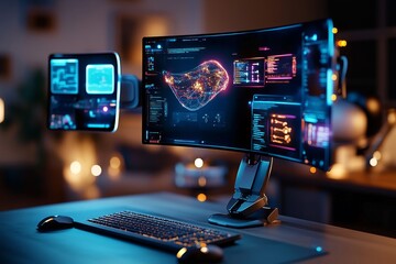 Poster - A holographic workspace setup, with virtual screens floating in the air