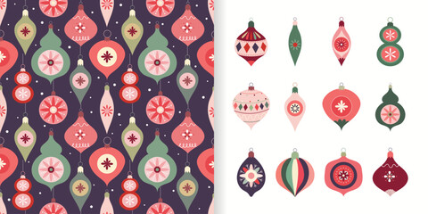 Wall Mural - christmas set with seamless pattern and christmas balls set, decorative wallpaper, seasonal backgrou