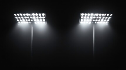 two stadium floodlights shining brightly against a dark night sky.