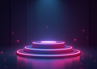 Poster - Glowing AI circuit podium promotes skill building in digital technologies for tech ads in photo stock concepts.