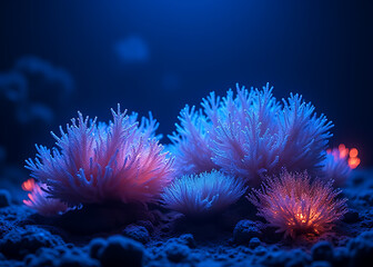 Poster - Glowing coral reef design concept for photo stock features bioluminescent elements on a deep blue background.