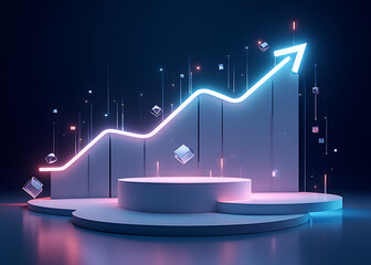 Poster - Glowing growth paths highlight futuristic business presentations on a sleek podium showcasing floating AI cube displays.