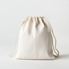 plain drawstring bag laid flat, clean white background, high-resolution details for branding