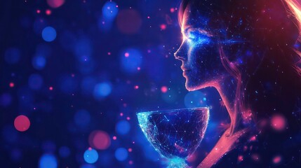Poster - A woman's profile is outlined by glowing lights, holding a glowing chalice. The background is blurred, with many bokeh lights in pink and blue.