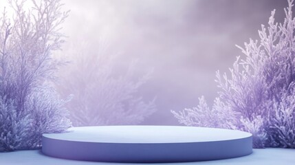 Fototapete - A tranquil winter scene features a circular platform amidst frosty trees.