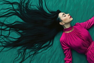 Wall Mural - Elegant woman in pink dress with flowing black hair on teal background