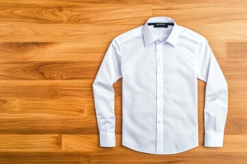 Crisp white dress shirt on wooden background - sleek formal attire display